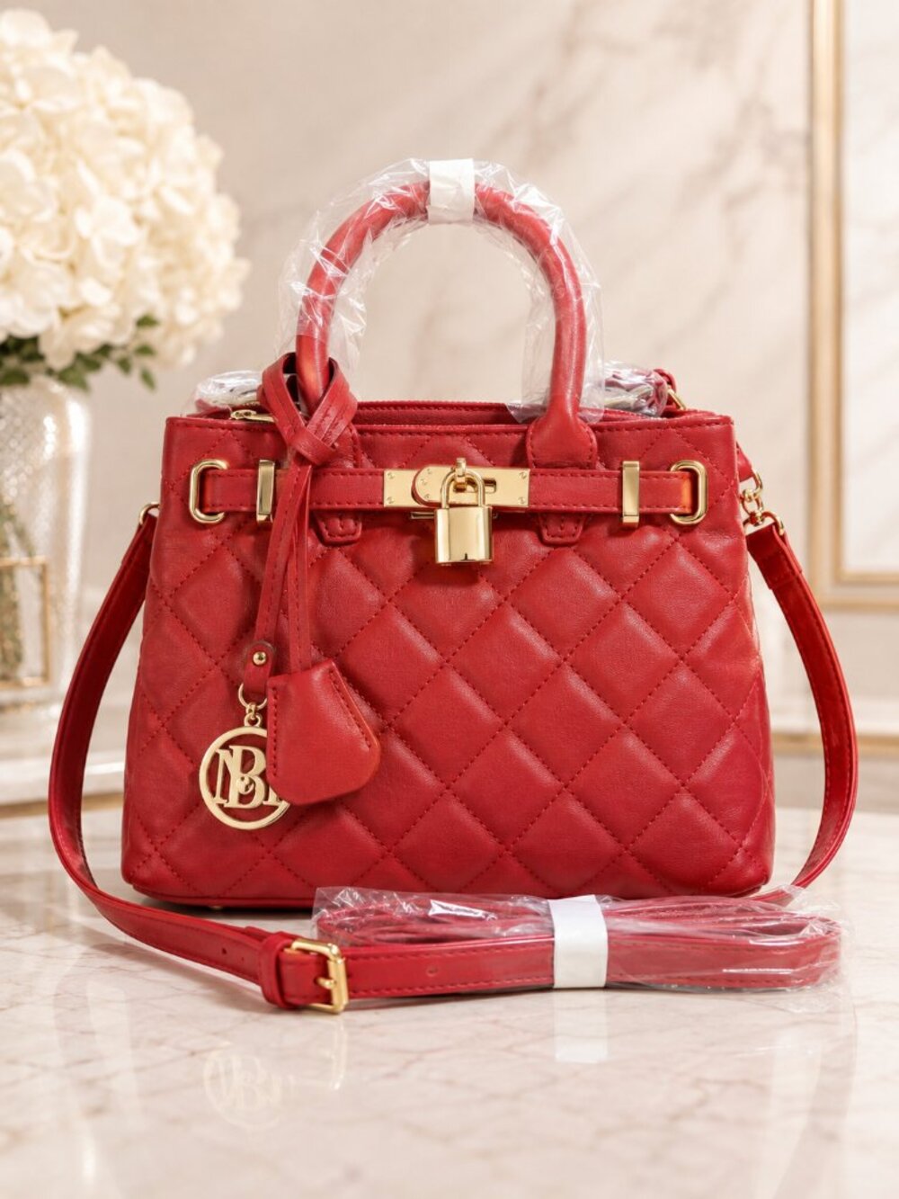 Studio Badgley Mischka BM-4162 Brick Red Quilted Mini Tote Crossbody NWT - Picture 3 of 15
